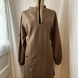 Vintage 70s brown tweed herringbone tunic/dress with patch pockets, bell sleeves